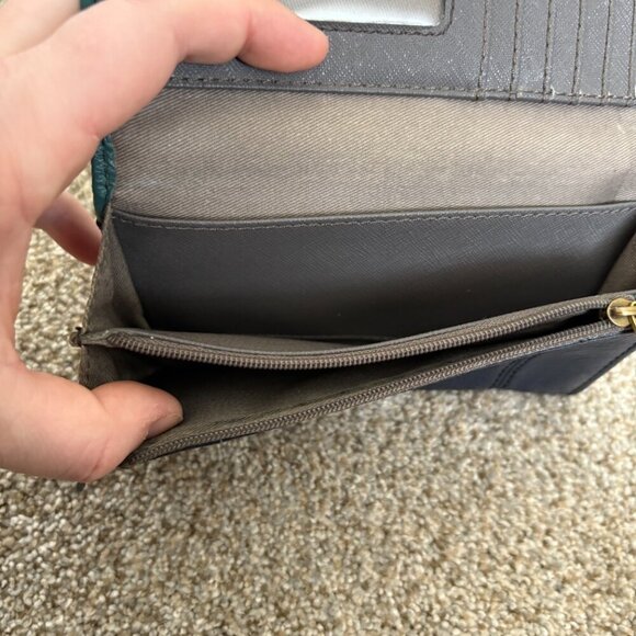 Fossil Navy Blue & Turquoise Leather Wallet Gold Hardwear - Picture 14 of 14